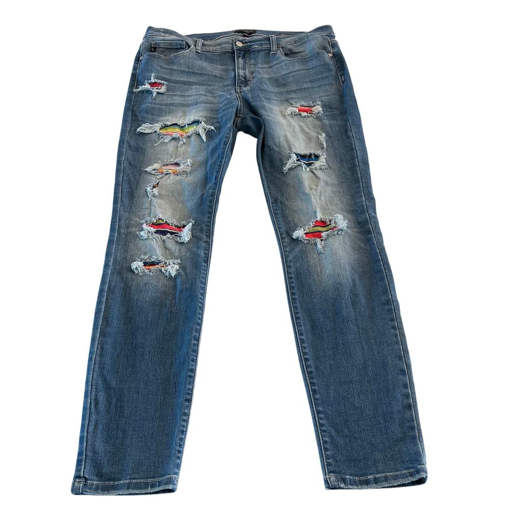 Judy Blue Skinny Jeans‎ Distressed With Multicolored Patches Size 1XL